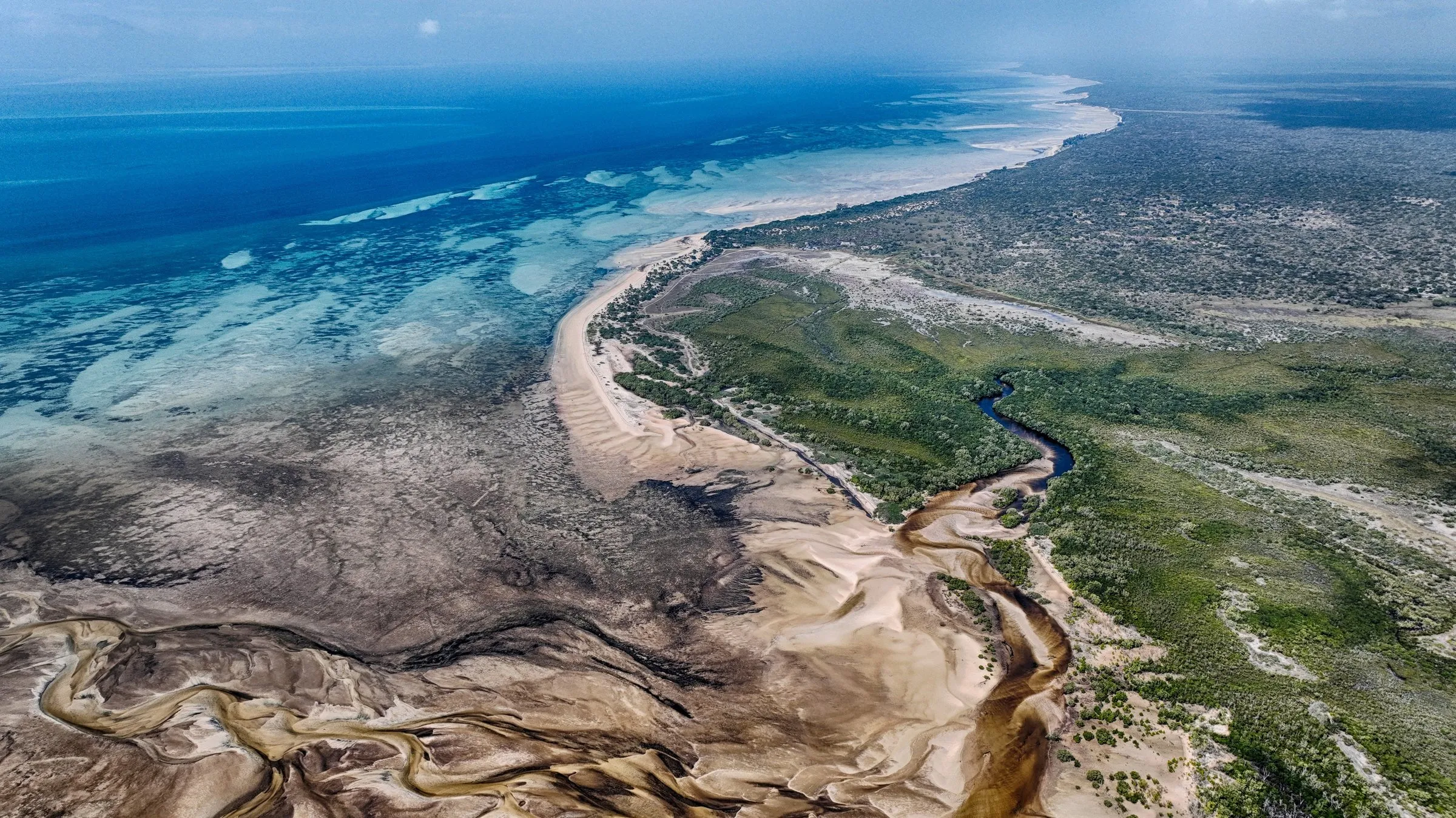 A tidal estuary winding through green coast to the deep blue reef, from the air